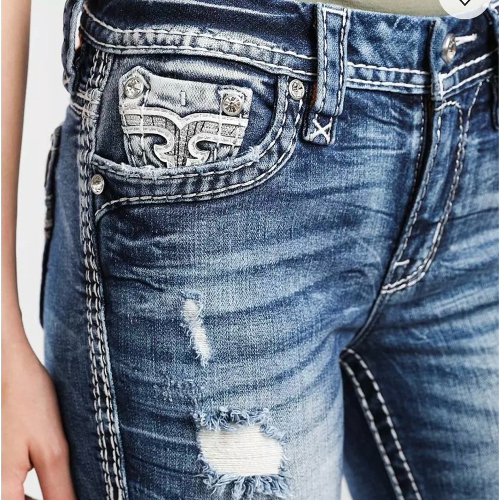 Rock Revival Barbra Mid-Rise Straight Blue Jeans with Distressed Details Size 29 - Picture 3 of 15